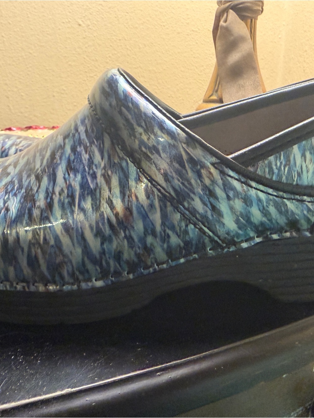 Dansko Women’s Blue Patterned Patent Clog Mule
